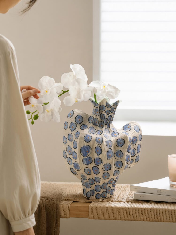 Premium luxury hand-painted cobalt blue dot pleat ceramic artisan statement vase