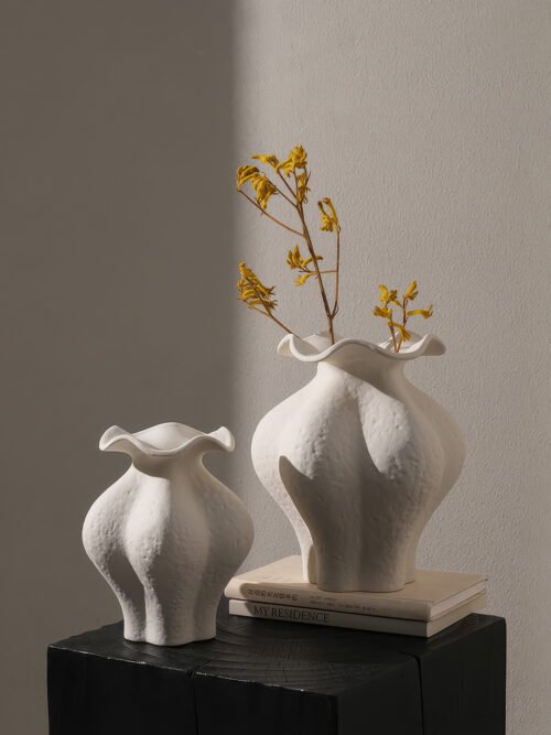 Minimalist cream white French style petal folded ceramic vase for elegant home decor