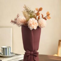 Romantic French style ribbon bow pouch ceramic flower vase for tabletop decor
