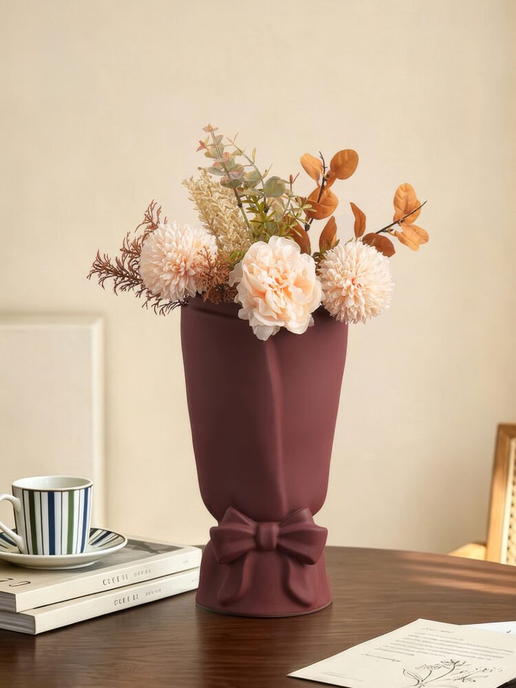 Romantic French style ribbon bow pouch ceramic flower vase for tabletop decor