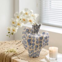 Premium luxury hand-painted cobalt blue dot pleat ceramic artisan statement vase