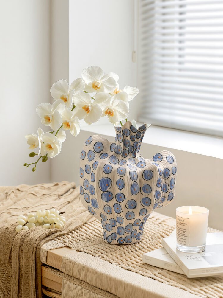 Premium luxury hand-painted cobalt blue dot pleat ceramic artisan statement vase