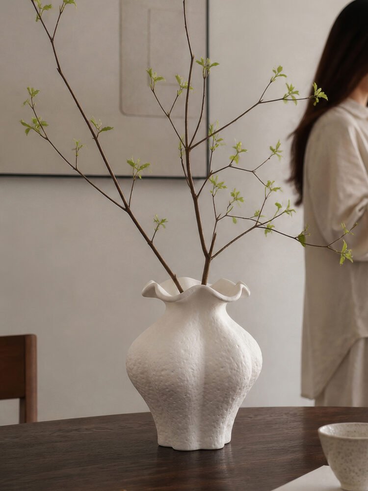 Minimalist cream white French style petal folded ceramic vase for elegant home decor