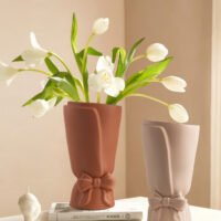 Romantic French style ribbon bow pouch ceramic flower vase for tabletop decor