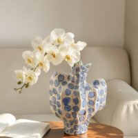Premium luxury hand-painted cobalt blue dot pleat ceramic artisan statement vase