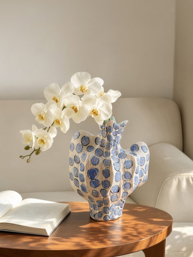 Premium luxury hand-painted cobalt blue dot pleat ceramic artisan statement vase