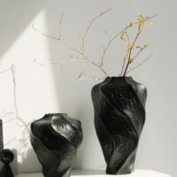 Modern mountain spiral sculptural ceramic art vase in matte obsidian black and marble white