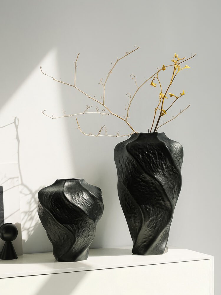 Modern mountain spiral sculptural ceramic art vase in matte obsidian black and marble white