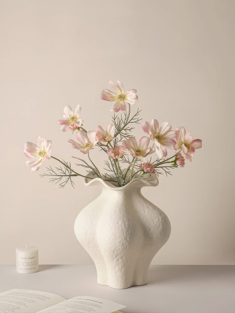 Minimalist cream white French style petal folded ceramic vase for elegant home decor