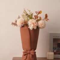 Romantic French style ribbon bow pouch ceramic flower vase for tabletop decor