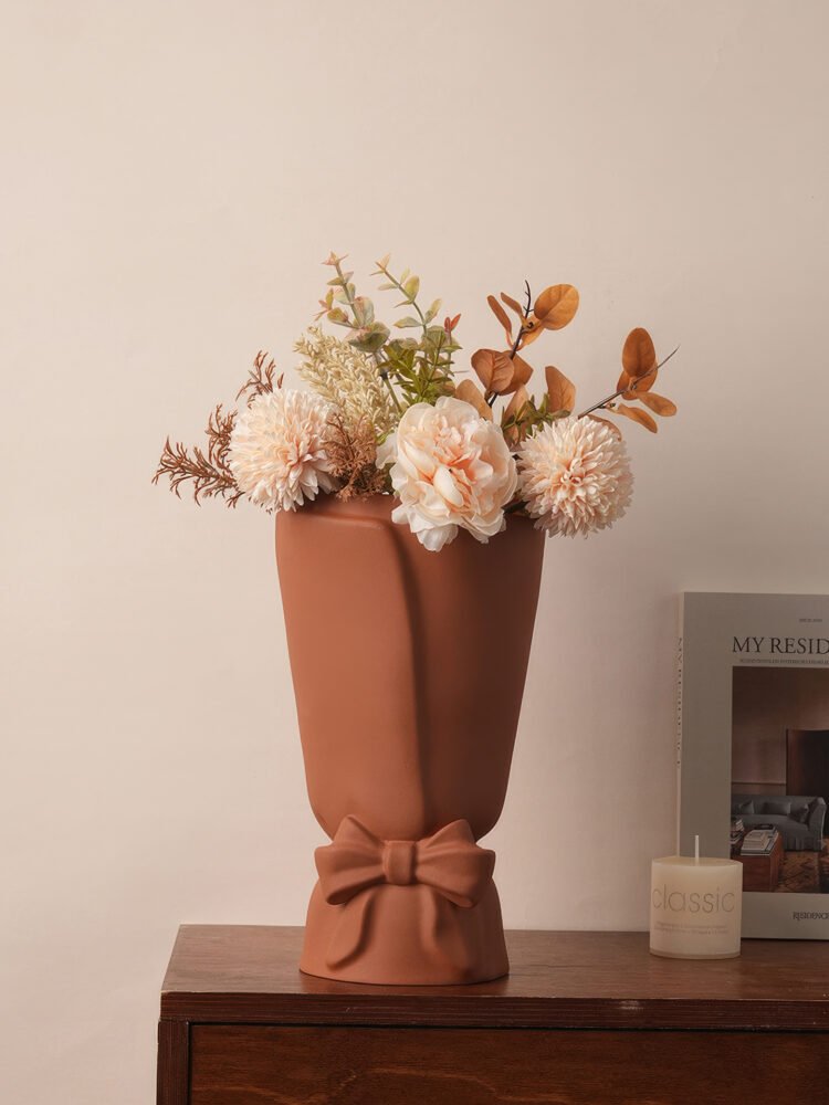 Romantic French style ribbon bow pouch ceramic flower vase for tabletop decor