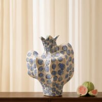 Premium luxury hand-painted cobalt blue dot pleat ceramic artisan statement vase