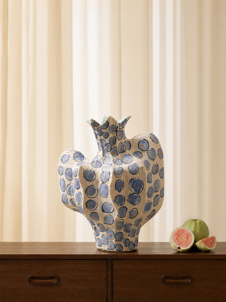 Premium luxury hand-painted cobalt blue dot pleat ceramic artisan statement vase