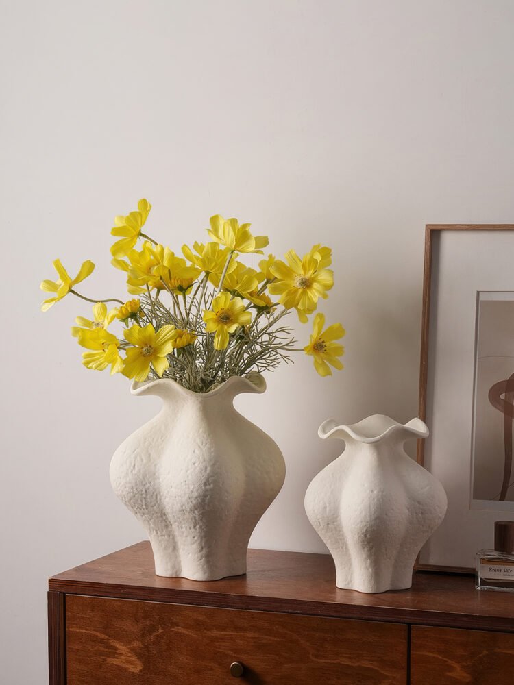 Minimalist cream white French style petal folded ceramic vase for elegant home decor