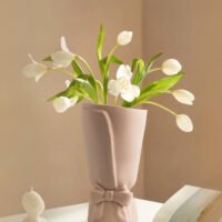 Romantic French style ribbon bow pouch ceramic flower vase for tabletop decor