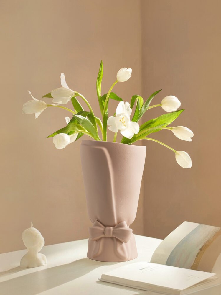 Romantic French style ribbon bow pouch ceramic flower vase for tabletop decor