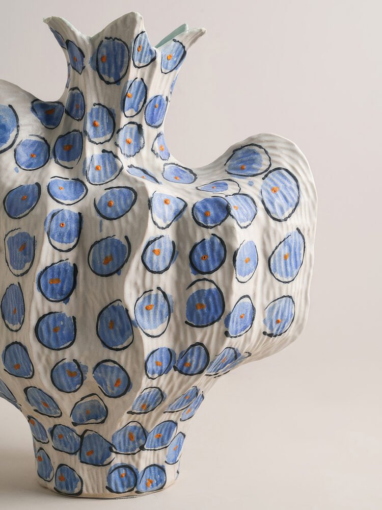Premium luxury hand-painted cobalt blue dot pleat ceramic artisan statement vase