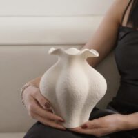 Minimalist cream white French style petal folded ceramic vase for elegant home decor