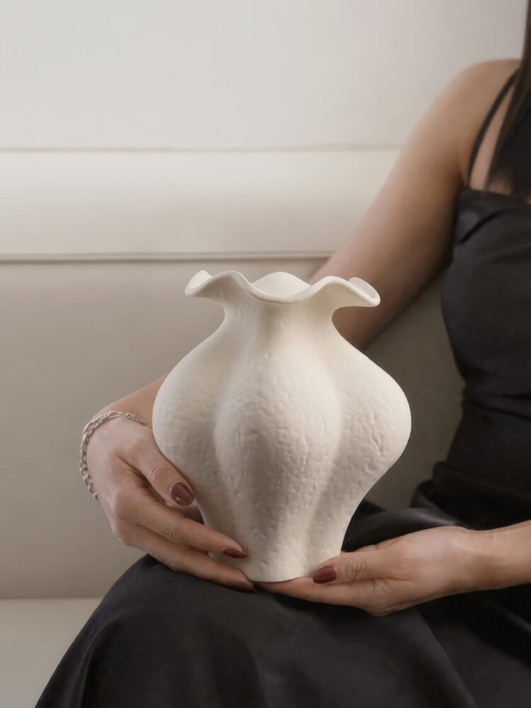 Minimalist cream white French style petal folded ceramic vase for elegant home decor