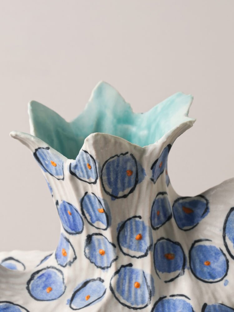 Premium luxury hand-painted cobalt blue dot pleat ceramic artisan statement vase